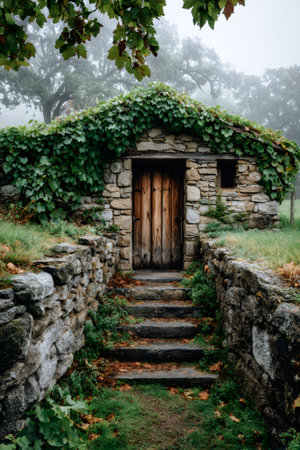 Old stone cottage with a wooden door covered in green ivy, leading up mossy steps in a misty landscapeの素材