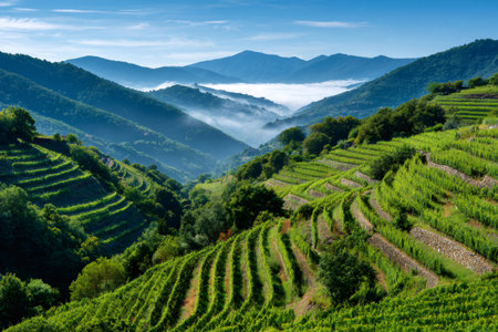 Green terraced vineyards lining mountain slopes with mist filling a valley belowの素材