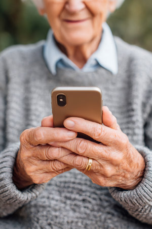 Elderly woman holding golden smartphone, interacting with modern digital technologyの素材