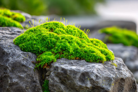 Bright green moss creating a natural texture on a gray rockの素材