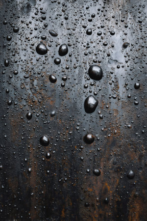 Water drops and moisture forming on a dark, wet, textured, and rusty metal surfaceの素材
