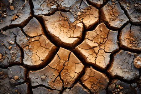 Cracked dry earth experiencing drought conditions, illustrating climate change and environmental concernsの素材