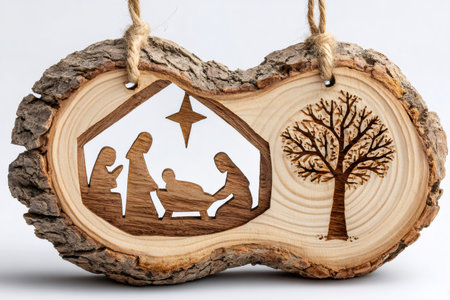 Wood slice ornament depicting a nativity scene with Mary, Joseph, and baby Jesusの素材