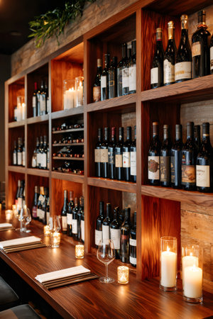 Warm lighting creating an inviting ambiance in a modern wine barの素材