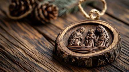 Wooden christmas ornament depicting the holy family on a dark wooden backgroundの素材
