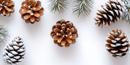 Pine cones and fir branches dusted with snow on a clean white backgroundの素材