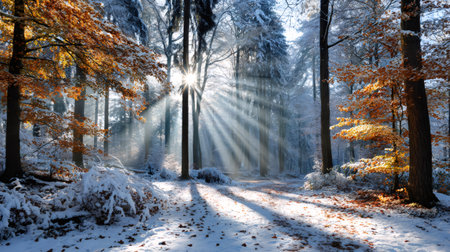 Sunrays passing through snow covered forest trees creating dramatic light and shadow on the groundの素材