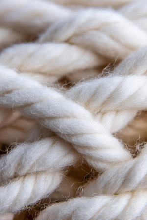 White wool rope showing a chunky woven texture and braided patternの素材