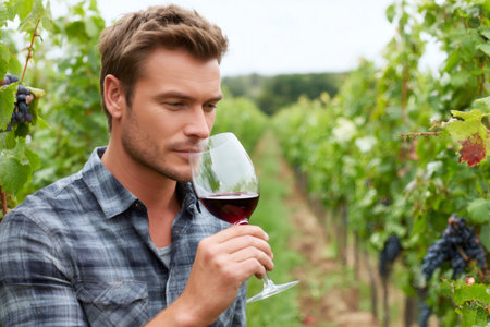 Man enjoying red wine aroma, standing outdoors in a vineyard with grapesの素材