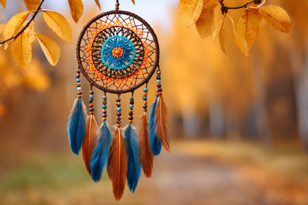 Dreamcatcher with colorful feathers dangling outdoors in a blurred golden autumn forestの素材