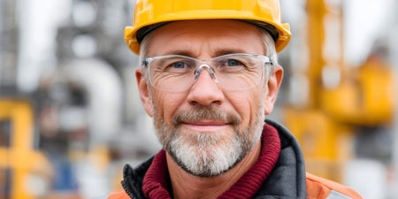 Experienced male engineer wearing hard hat and safety glasses with an industrial backgroundの素材