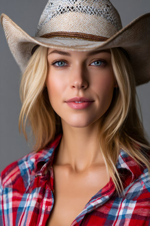 Young woman in a straw cowboy hat and plaid flannel shirt looking directly at the cameraの素材