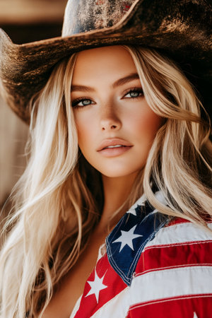 Young woman showcasing patriotism and cowgirl spirit with a rustic hat and flagの素材