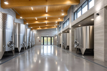 Stainless steel tanks standing in a contemporary concrete and wood winery buildingの素材