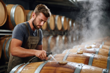 Man cleaning and sanitizing wine barrels in a producing vineyard's cellarの素材