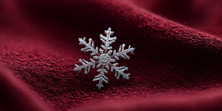 Single delicate ice crystal snowflake resting on soft red textured fabric, showing winter beautyの素材