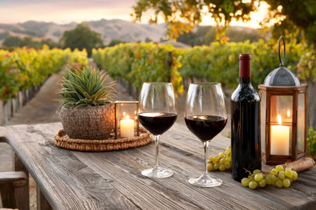 Red wine glasses, bottle, and candlelight on a wooden table offering romantic vineyard tastingの素材