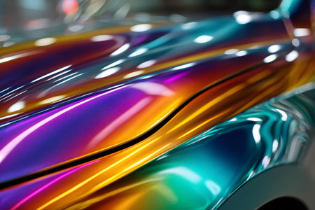 Curved metal surface features a vibrant, shifting spectrum of holographic huesの素材