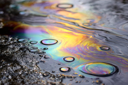 Oil slick on water forming abstract iridescent patterns and colorful bubbles, symbolizing environmental pollutionの素材