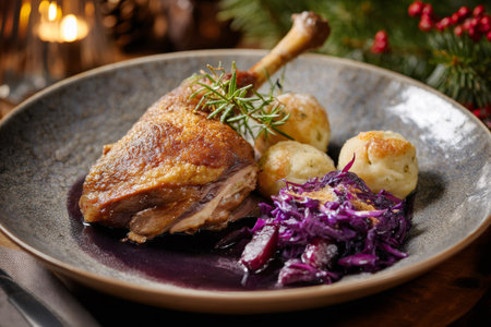 Festive holiday dinner plate presenting a traditional Christmas mealの素材