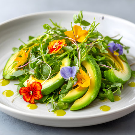 Healthy vegan salad plate presenting sliced avocado, edible flowers, and fresh green leavesの素材