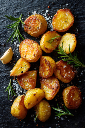 Roasted potatoes seasoning with rosemary, garlic, sea salt, and black pepper on a dark slateの素材