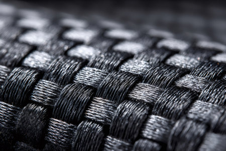 Braided black synthetic fabric creating a tight weave patternの素材