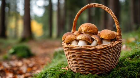 Basket of harvested porcini mushrooms standing on green moss in an autumn forestの素材