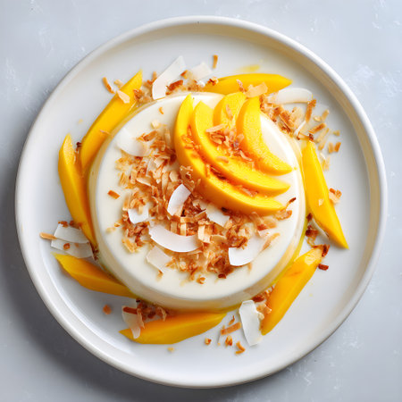 Creamy panna cotta topped with sliced mango and crispy toasted coconut flakesの素材