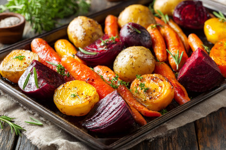 Colorful roasted potatoes, carrots, and beets with rosemary and thymeの素材