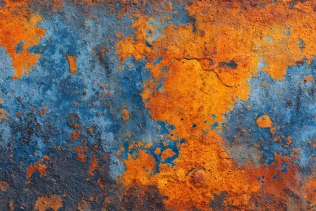 Decaying concrete surface displaying vibrant orange rust patches and weathered blue paintの素材