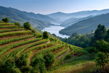 Douro valley vineyards creating a beautiful terraced landscape along the riverの素材