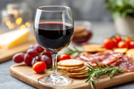 Red wine glass on a wooden board with grapes, salami, cheese, and crackersの素材