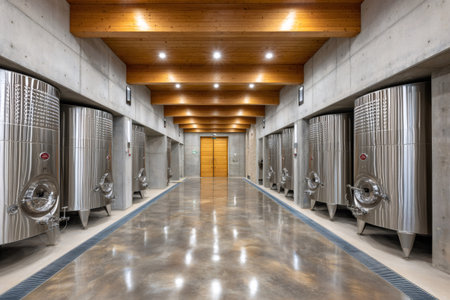Wine maturing in stainless steel fermentation tanks inside a contemporary winery cellarの素材
