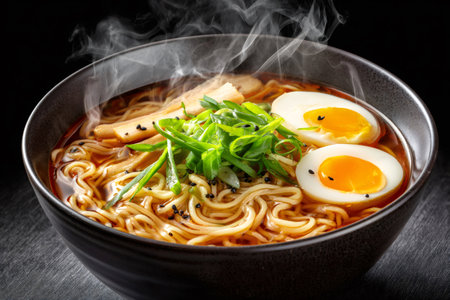 Japanese style ramen bowl filled with noodles, broth, soft boiled egg, and green onionsの素材