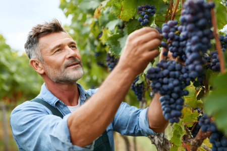Man harvesting ripe red grapes from a vineyard during autumnの素材