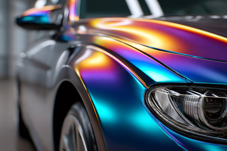Luxury car exterior featuring vibrant, changing colors on its metallic paint surfaceの素材