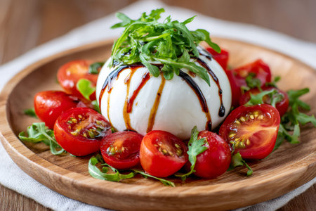 Burrata cheese with cherry tomatoes, fresh arugula, and balsamic glaze on a wooden plateの素材
