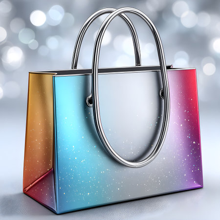 Shopping bag highlights retail fashion and luxury with vibrant metallic colorsの素材