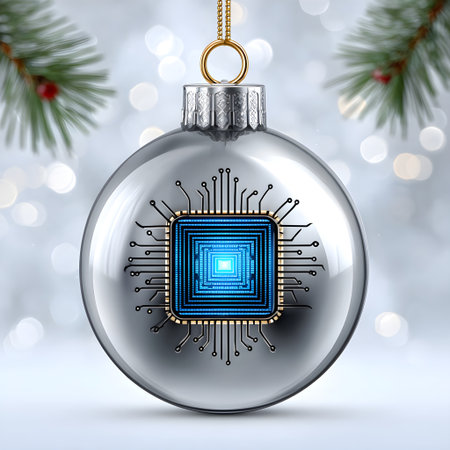 Christmas ornament presenting a glowing microchip for festive technology and innovationの素材