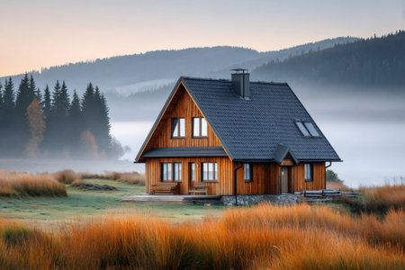 Cozy wooden house standing in a foggy mountain valley at sunriseの素材