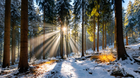 Sunlight illuminating snow covered pine trees and forest floor with dramatic sunbeamsの素材