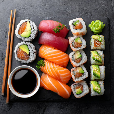Assortment of fresh sushi, nigiri, and maki rolls offering a healthy mealの素材