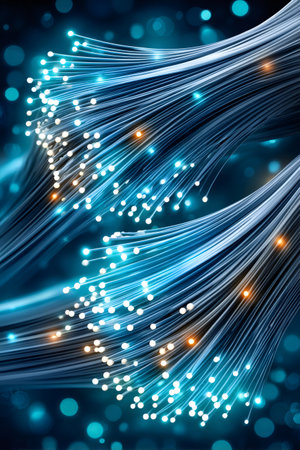 Fiber optics cables with glowing light ends representing fast data transmissionの素材