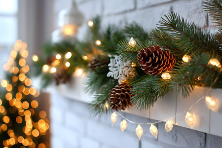 Garland with pinecones and lights adorning a fireplace mantel during the holiday seasonの素材