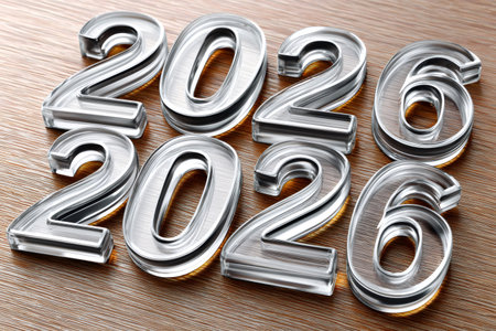 Glass numbers 2026 creating a new year and future concept on wood textureの素材