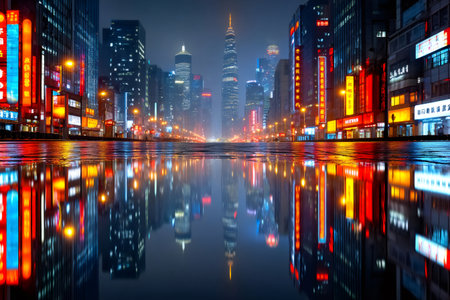 Wet street reflecting colorful neon lights and modern skyscrapers in a night city sceneの素材