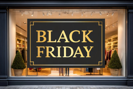 Black Friday sign displayed in an illuminated clothing store front window, attracting shoppersの素材