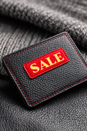 Leather wallet displaying a red sale tag and red stitching on a textured fabric surfaceの素材