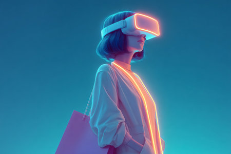Woman wearing vr headset, holding a shopping bag in a digital retail experienceの素材